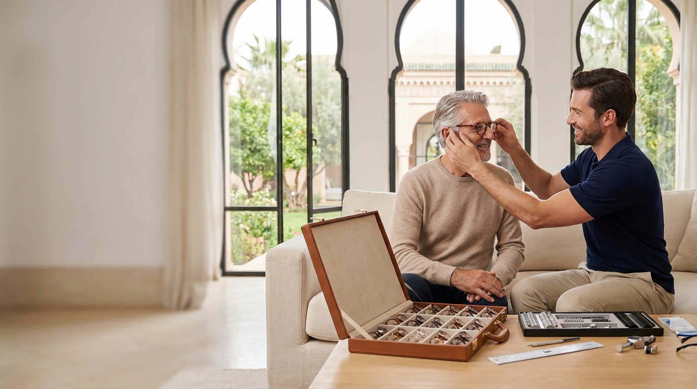 Opticien Level Optique en consultation à domicile à Rabat — présentation de montures et prise de mesures dans le salon du client